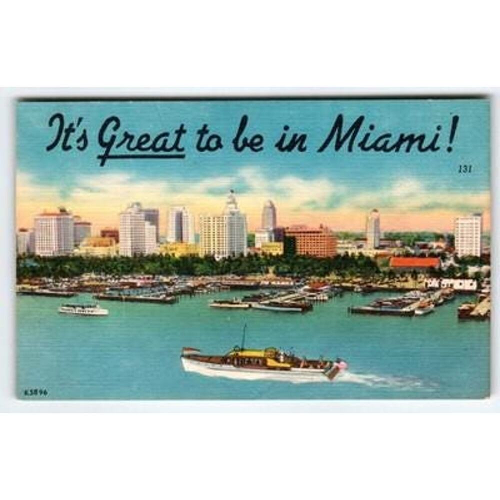 Vintage Linen 'It's Great to be in Miami!' Skyline Postcard K5896 - 1940s-50s